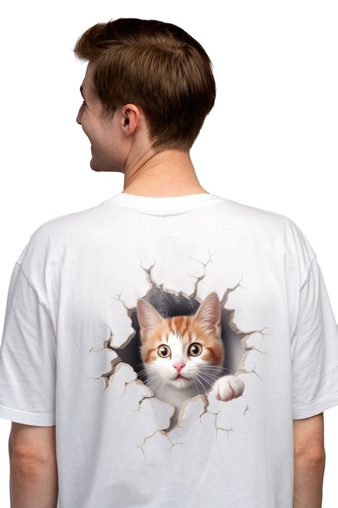 Мъжка тениска с оранжева и бяла котка, излизаща от стената, очарователни, животни, любители на котки,, Чисто бяло