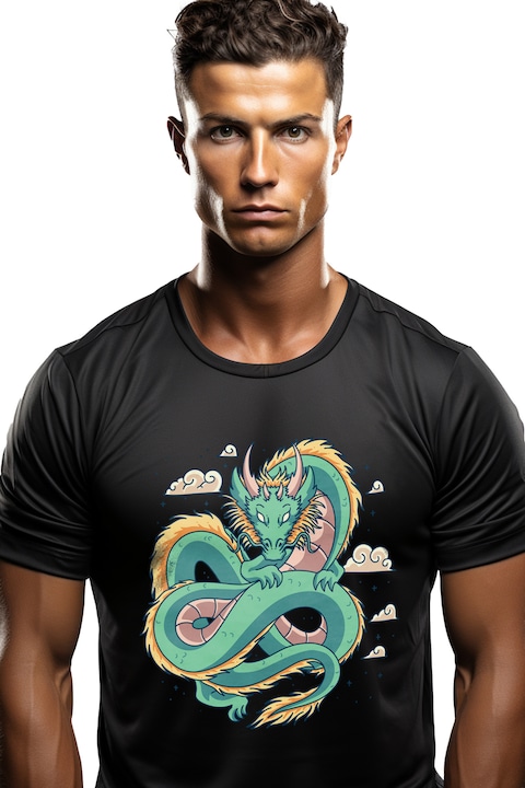 Мъжка тениска с дракон, облаци, азиатски, звезди,, Черен