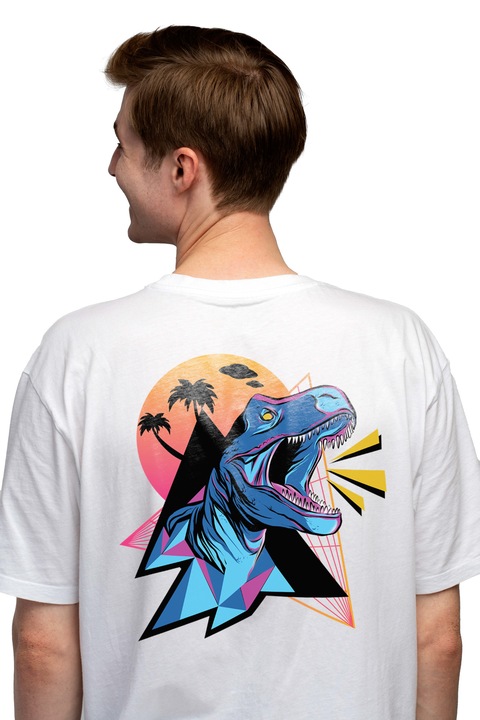 Мъжка тениска с динозавър, палми, геометрични, облаци, ретро,, Чисто бяло