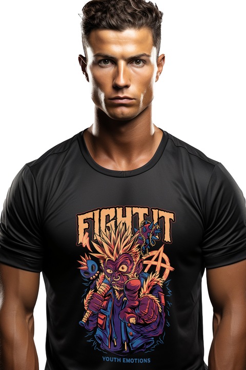 Мъжка тениска с надпис на английски Fight It, Monkey, Anarchy, Bata,, Черен