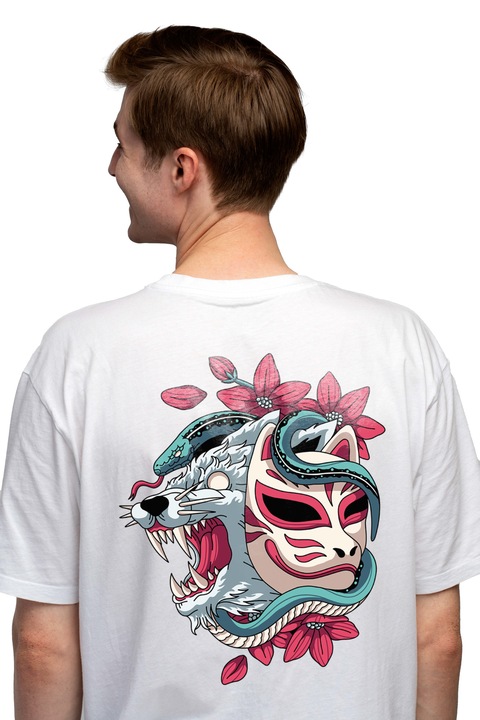 Мъжка тениска със змия, цвете, вълк, маска,, Чисто бяло