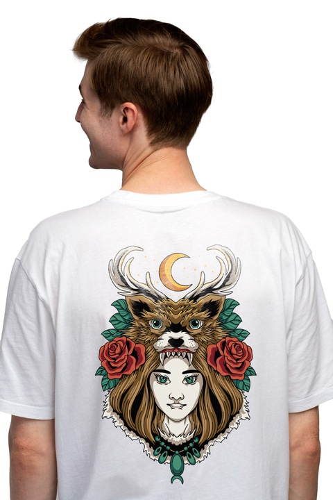 Мъжка тениска с луна, рози, елен, момиче,, Чисто бяло