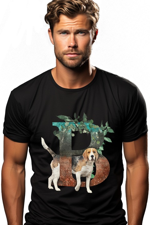Мъжка тениска с бигъл, кученце, буква, B, листа,, Черен