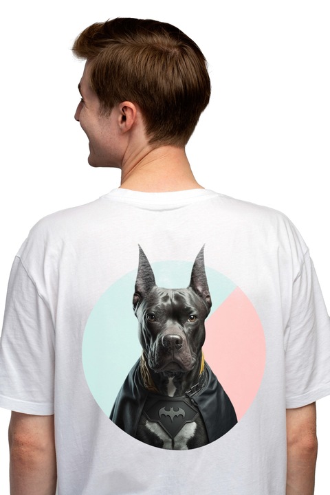 Мъжка тениска с портрет на куче супергерой, персонализирано куче Батман, яростно куче, любители на кучета, любители на животни,, Чисто бяло