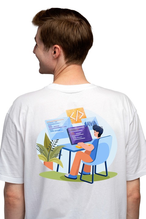 Tricou Barbati Cu Birou, Programare, Cod, Java, Monitor, Tastatura, cu imprimeu pe Spate, 100% Bumbac, Alb, XS