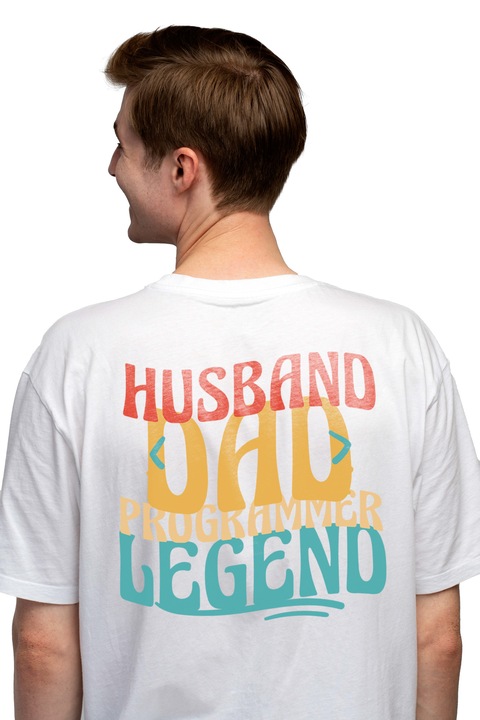Tricou Barbati Cu Mesaj In Engleza Husband Dad Programmer Legend, Cod, Programare, Parinte, Tata, cu imprimeu pe Spate, 100% Bumbac, Alb, XS