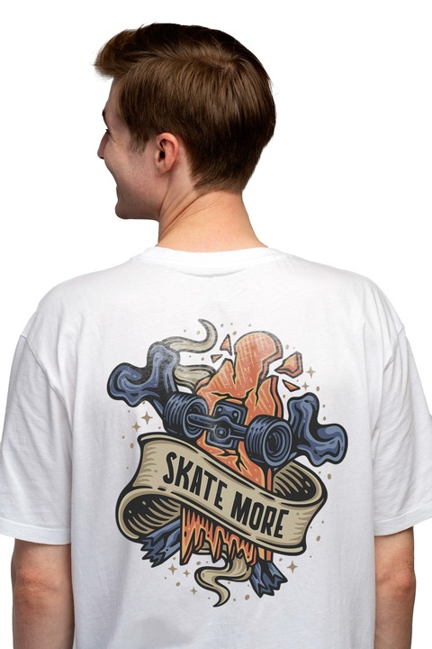 Мъжка тениска с надпис на английски Skate More, скейтборд, дъска, колела, ретро, щампа на гърба, 100% памук, бяла, L