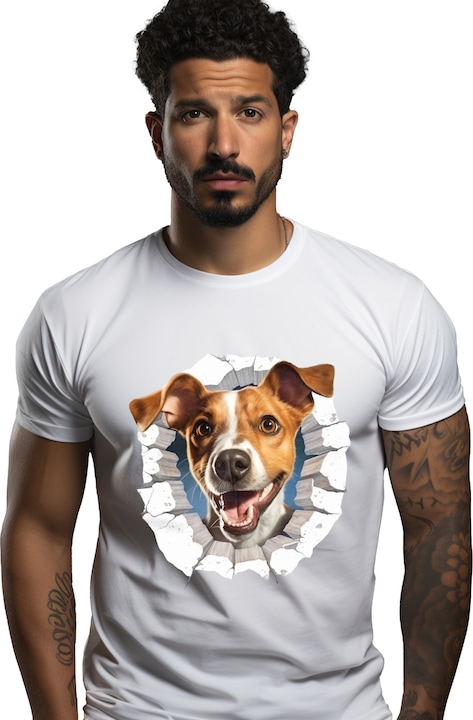 Мъжка тениска с куче, портрет, пукнатина, стена, усмивка,, Бял
