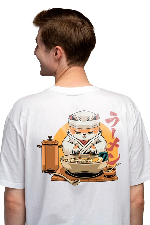 Мъжка тениска с котка, рамен, готвач, азиатски,, Чисто бяло