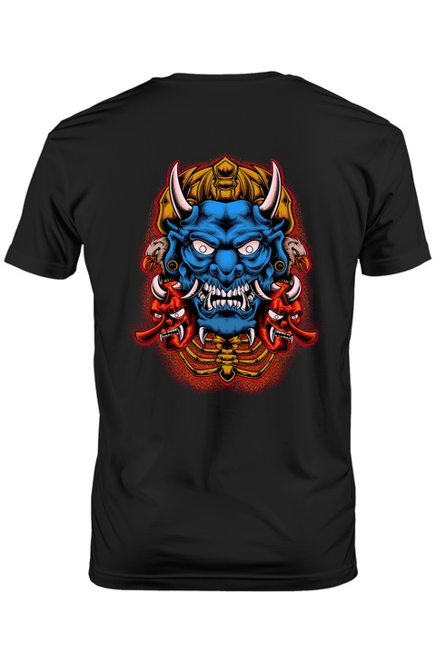Мъжка тениска Oni Mask, орел, азиатски, скелет, рога, демон,, Тъмно черно