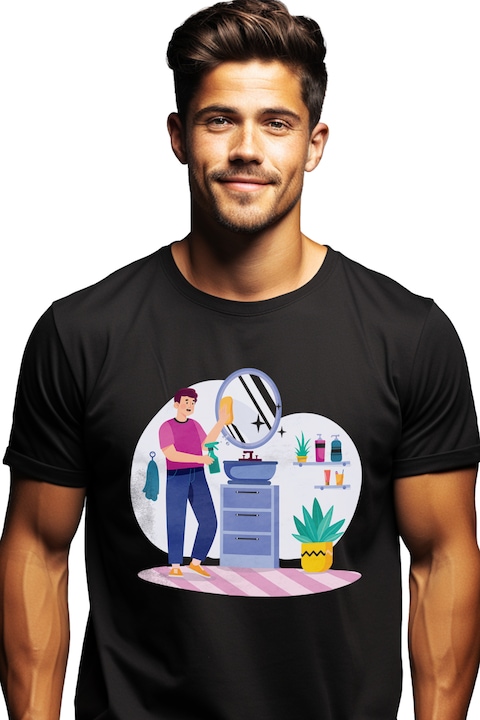 Мъжка тениска с илюстриран мъж, почистващ банята, огледало, трудолюбив, икономка,, Черен