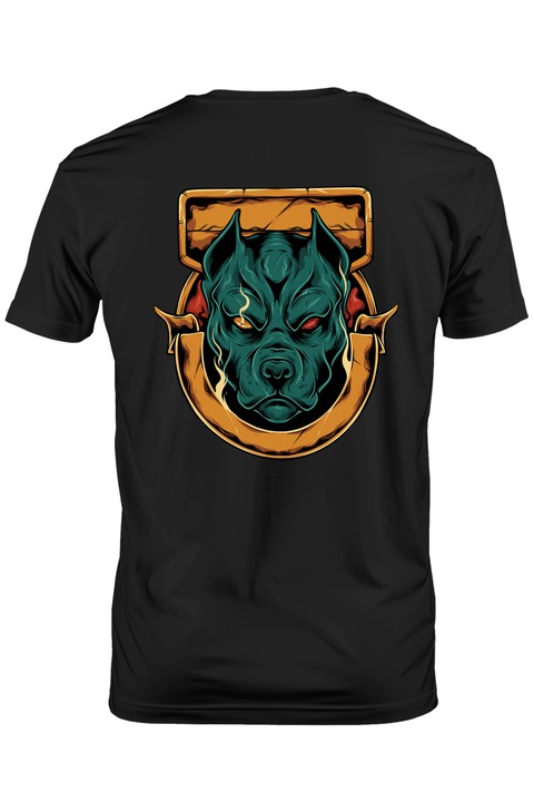 Мъжка тениска с емблема, куче, пламъци, демонично,, Тъмно черно