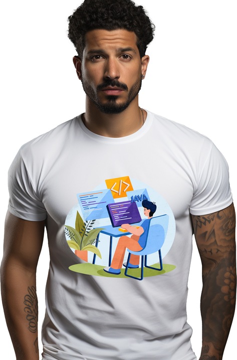 Tricou Barbati Cu Birou, Programare, Cod, Java, Monitor, Tastatura, cu imprimeu pe Fata, 100% Bumbac, Alb, XS