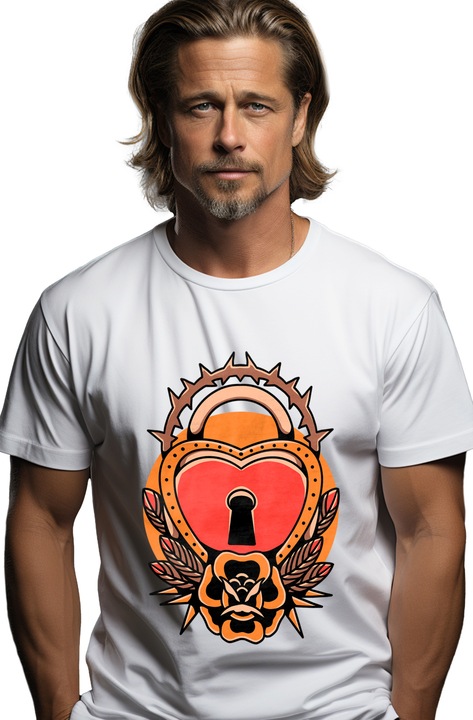 Мъжка тениска със сърце, ключалка, шипове, пера, цвете, листа,, Бял