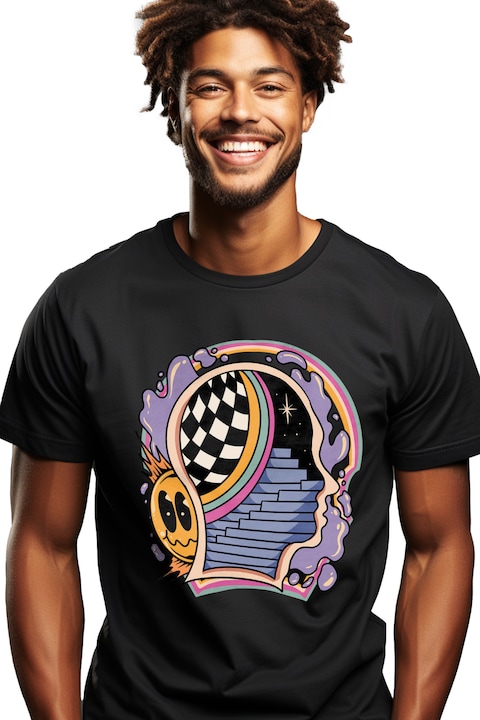 Мъжка тениска с абстрактно изкуство, глава, стълби, пространство, звезди, каре,, Черен