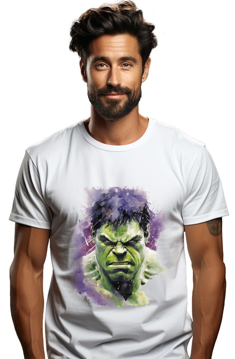 Férfi póló portréval, Hulk, Illusztráció, Bruce Banner, Marvel, Elöl nyomtatás, 100% pamut, Fehér, XL