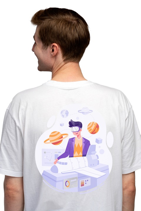 Tricou Barbati Cu Spatiu, Planete, Inginer, Aerospatiale, Cuburi, Nava, cu imprimeu pe Spate, 100% Bumbac, Alb, M