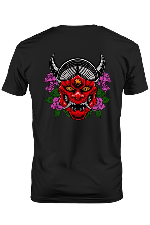Мъжка тениска Oni Mask, цветя, зъби, рога, демон, азиатски,, Тъмно черно