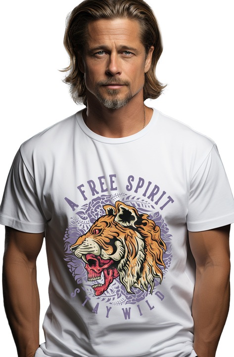 Мъжка тениска с надпис на английски A Free Spirit Stay Wild, тигър, череп, цветя, бивни, листа,, Бял
