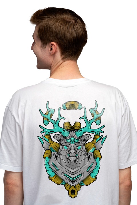 Мъжка тениска с глава на елен, робот, мека, киберпънк, рога,, Чисто бяло