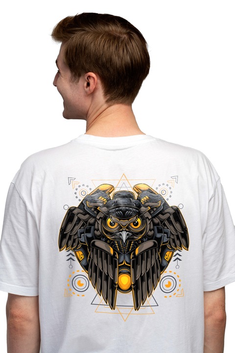 Мъжка тениска с бухал, крила, Mecha, Cyberpunk, SciFi, Geometric,, Чисто бяло