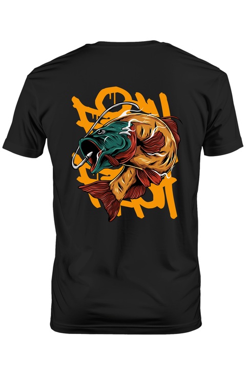 Tricou Barbati Cu Peste, Ac, Pescuit, Graffiti, cu imprimeu pe Spate, 100% Bumbac, Negru, XL
