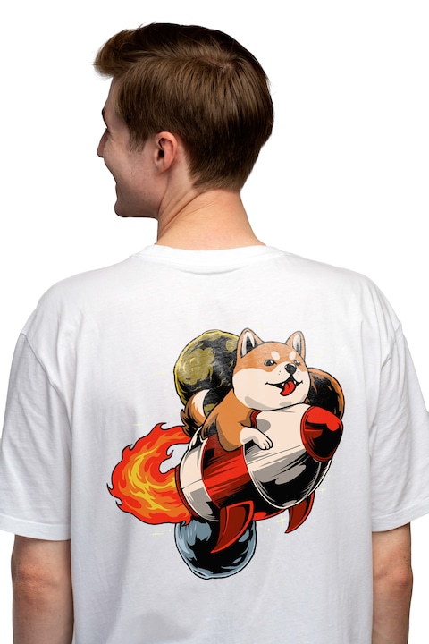 Мъжка тениска с куче, шиба ину, ракета, огън,, Чисто бяло