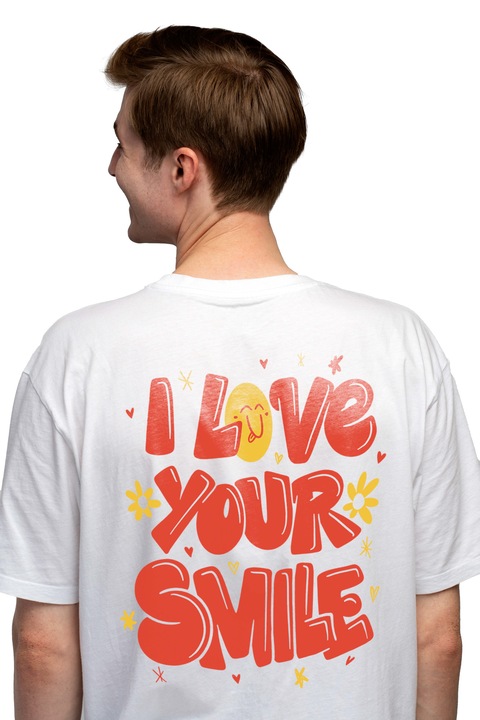 Мъжка тениска с надпис на английски I Love Your Smile, Flowers, Hearts, Hippie,, Чисто бяло