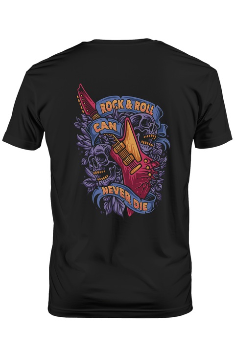 Мъжка тениска с надпис на английски Rock & Roll Can Never Die, китара, музика, черепи, листа,, Тъмно черно