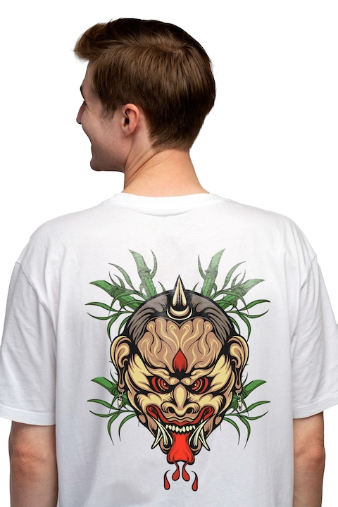 Мъжка тениска Oni Mask, бамбук, кръв, обеци, азиатски, демон,, Чисто бяло
