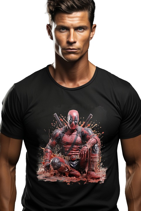 Мъжка тениска с Deadpool, измислен герой, Marvel, костюм, мечове, дъжд, кръв, бури,, Черен
