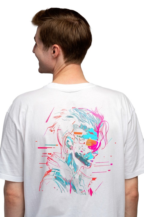 Tricou Barbati Cu Cyberpunk, Glitch, Ochelari, Robot, SF, Jacheta, cu imprimeu pe Spate, 100% Bumbac, Alb, L