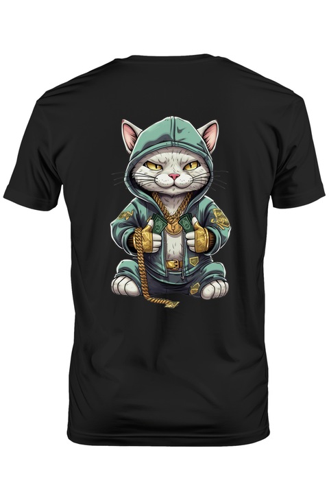 Мъжка тениска с котка, качулка, верижка, злато, пари, монети, колан,, Тъмно черно