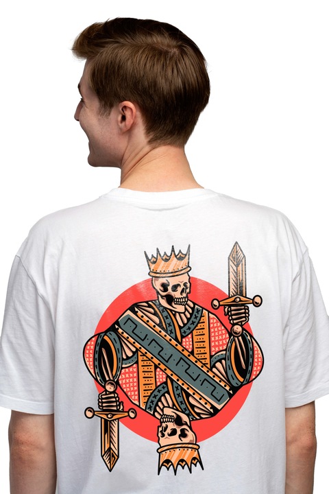 Мъжка тениска с щампа на гърба на Skeleton King Sword Crown, 100% памук, бяла L