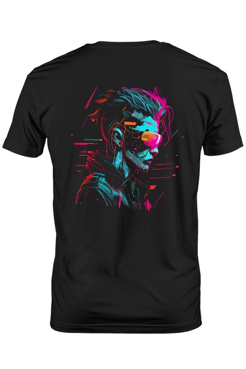 Tricou Barbati Cu Cyberpunk, Glitch, Ochelari, Robot, SF, Jacheta, cu imprimeu pe Spate, 100% Bumbac, Negru, XL