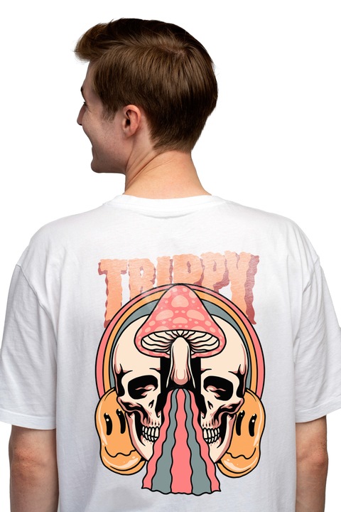 Мъжка тениска с надпис на английски Trippy, череп, гъба, емотикони, дъга,, Чисто бяло