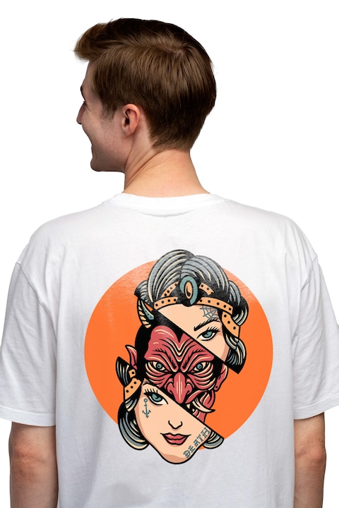 Мъжка тениска с кръг, портрет, жена, демон, половина, зъби, татуировки,, Чисто бяло
