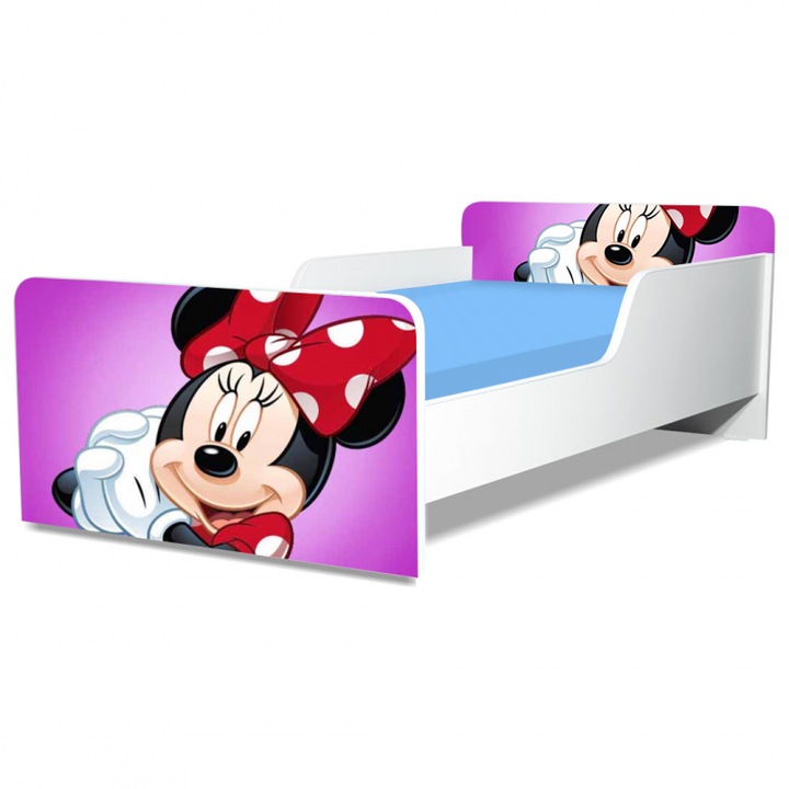 Pat pentru copii Minnie, 130x60 cm, alb/multicolor, saltea inclusa