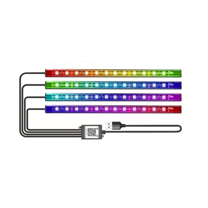 Autós Környezeti RGB LED Világítás Készlet, AutoREY® Premium, 12 LED, 4x22,5cm Csík, USB Csatlakozás és App Vezérlés, Állítható Fényerő, Hangulatfény Belső Térhez, Könnyű Telepítés, Univerzális Kompatibilitás, Tartós és Modern Design