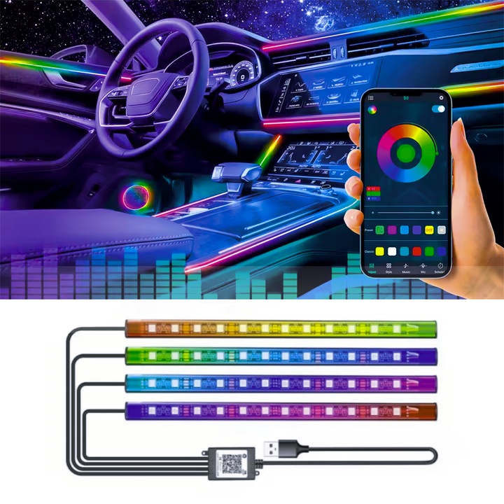 Kit Lumini Ambientale Auto AutoREY® Premium, Interior cu 18 LED-uri RGB, Conectare USB si Control prin Aplicatie, pentru Bord si Portiere, Instalare Usoara, Compatibil Universal, Intensitate Reglabila, Culoare RGB