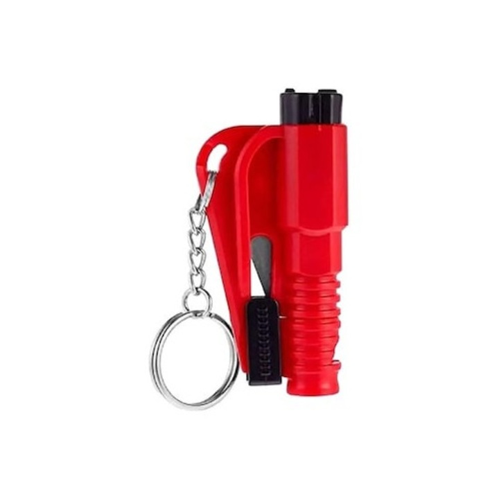 Dispozitiv tip breloc 3 in 1, pentru spargere geam auto, taiere centura de siguranta auto si fluier in caz de urgenta, rosu, Dactylion®