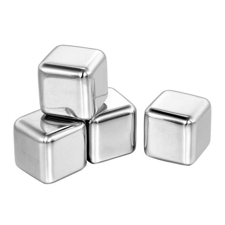 Комплект от 4 кубчета за охлаждане на напитки, сребро, 2,5 см, HML54