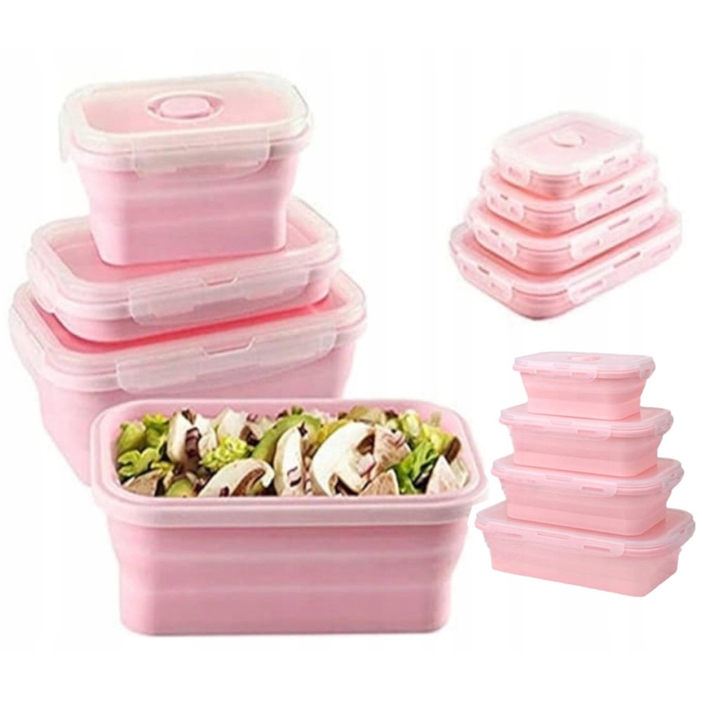 Set 4 cutie de pranz, recipiente pliabile din silicon pentru alimente ...