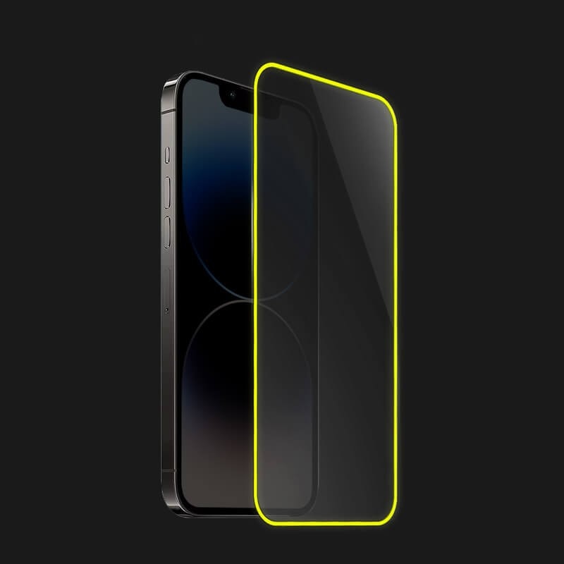 Folie de Sticla Securizata pentru Apple iPhone 15 Pro, Flippy, Luminous, Margine Fosforescenta Neon din Silicon, Mat, Anti-Amprenta, Protectie Completa, 9H, Galben