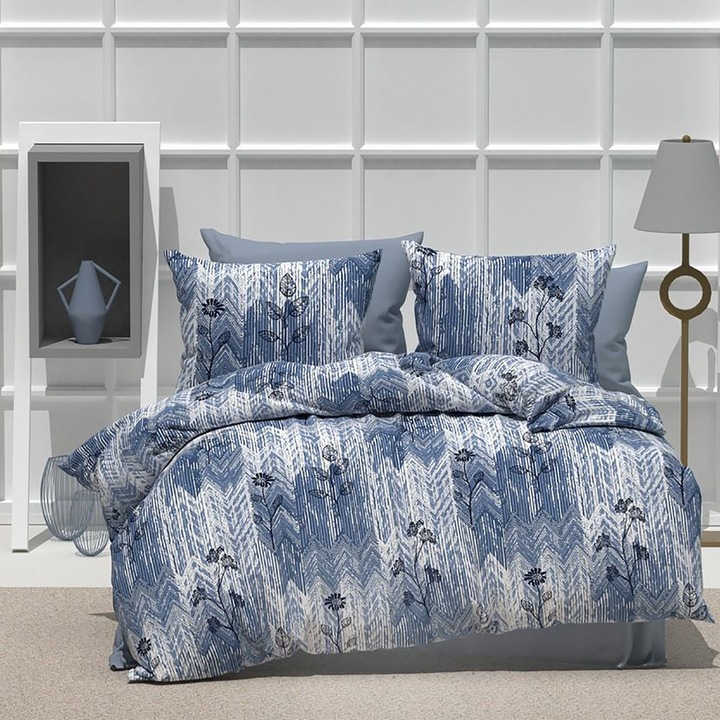 Lenjerie de pat dublu Bumbac Ranforce 4 piese cearsaf pat 240 x 260 cm, pilota 200x230 cm, 2 fete perne 50x70 cm, Imprimeu cu flori, Gri / Albastru, Pucioasa