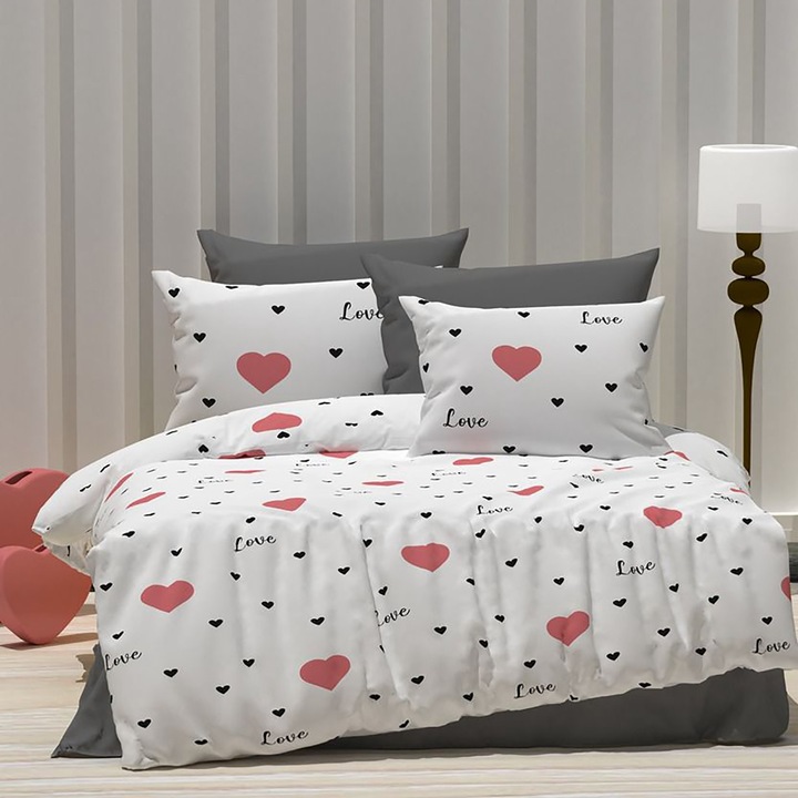 Francia ágyneműhuzat Ranforce pamut 4 db lepedő 240 x 260 cm, paplanhuzat 200x230 cm, 2 párnahuzat 50x70 cm, Szívek, Fehér / Szürke, Ralex Pucioasa