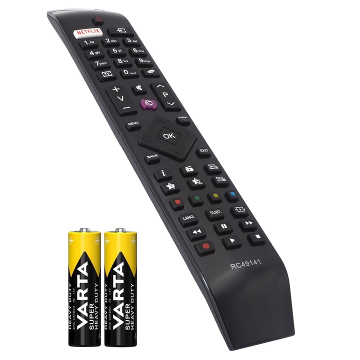 Дистанционно управление за телевизор, съвместимо с Hitachi, RC49141, черен цвят, с бутон NETFLIX, включени батерии