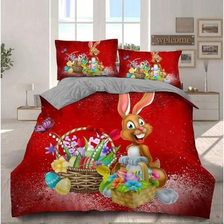 Set lenjerie de pat 2 persoane, cu imprimeu de Paste „Happy Easter bunny”, 6 piese, 180 x 200