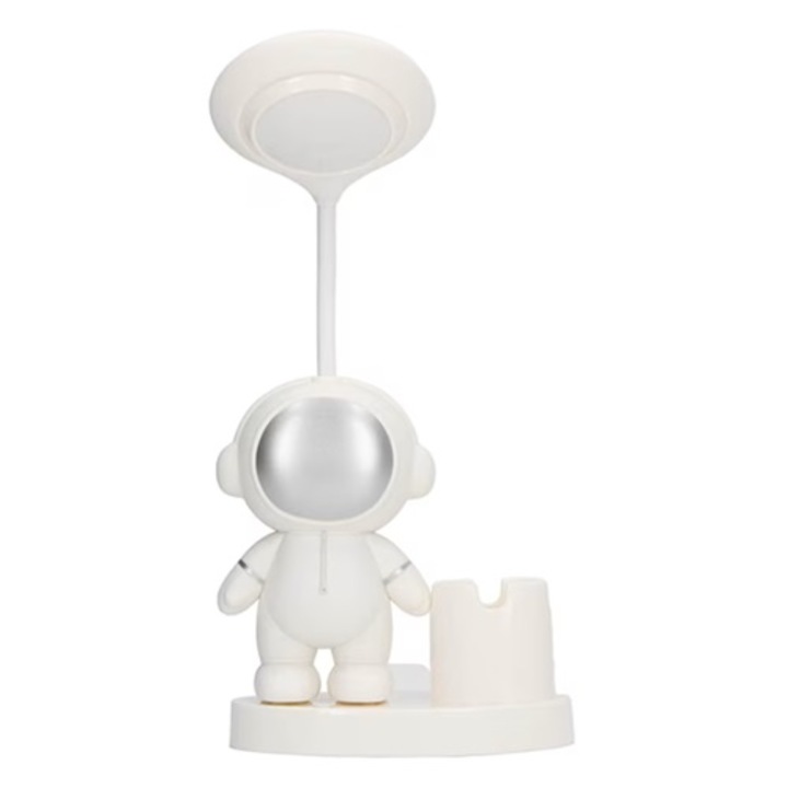 Lampa de Birou Astronaut pentru Copii, cu Suport de Creioane, Unghi Ajustabil, Incarcare USB, Alb