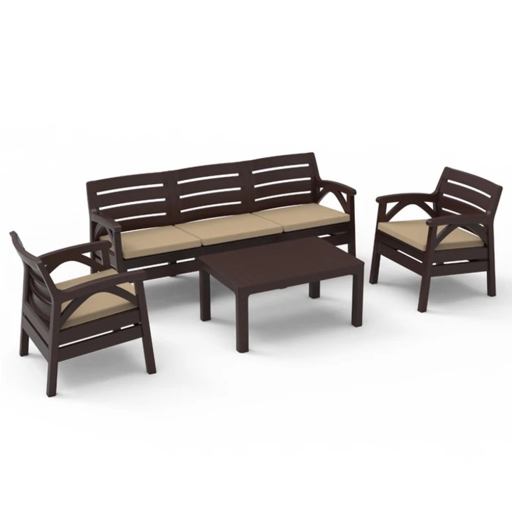 Set mobilier gradina DacEnergy©, polipropilena, cu 2 fotolii si o canapea cu perne, 5 persoane, rezistenta la factorii atmosferici si razele UV, 79 x 55 x 38 cm, maro + crem